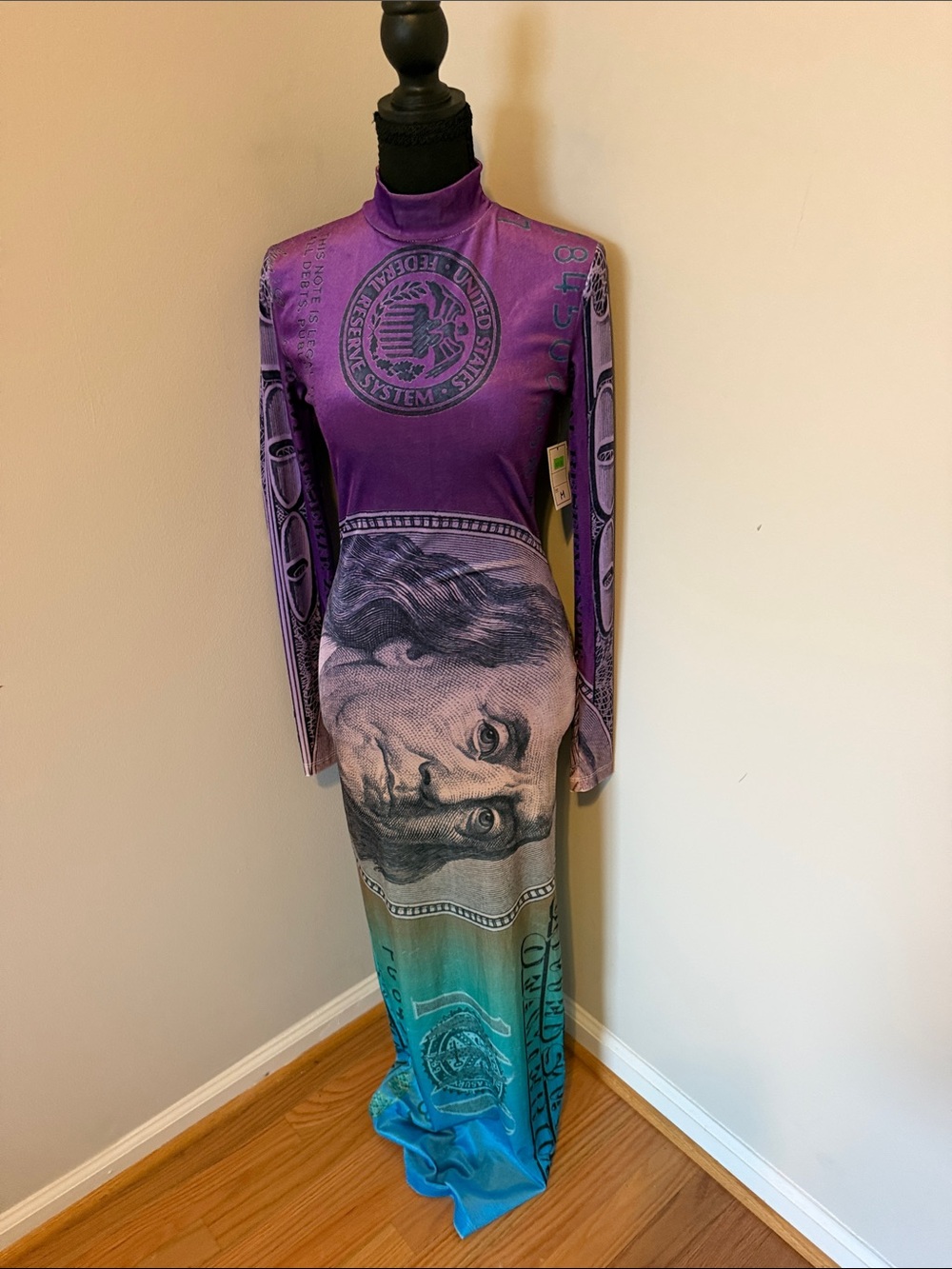 H&M Purple and Teal Graphic Long-Sleeve Maxi Dress